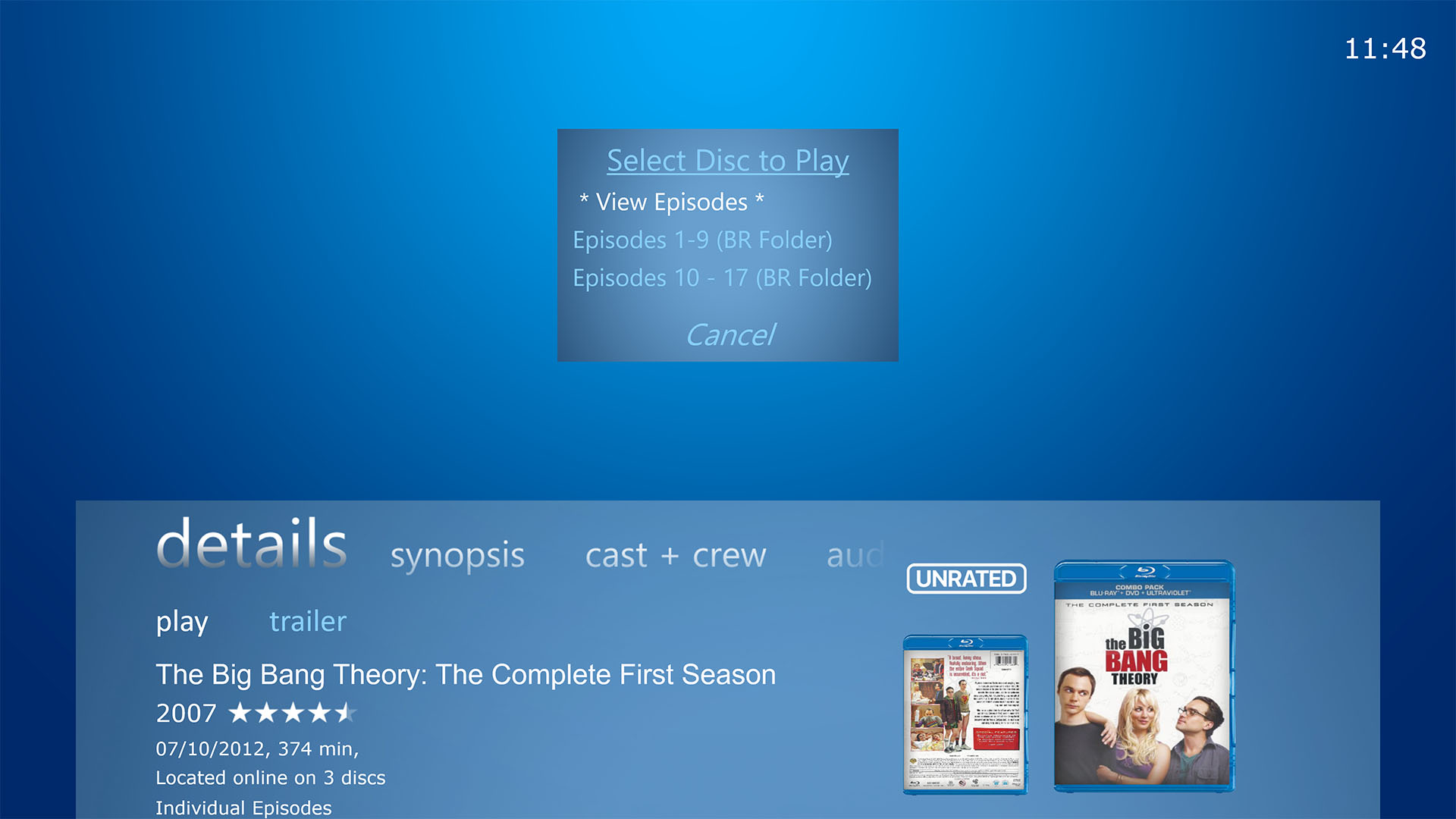 Select Play to bring up the Select Discs prompt, with optional View Episodes feature