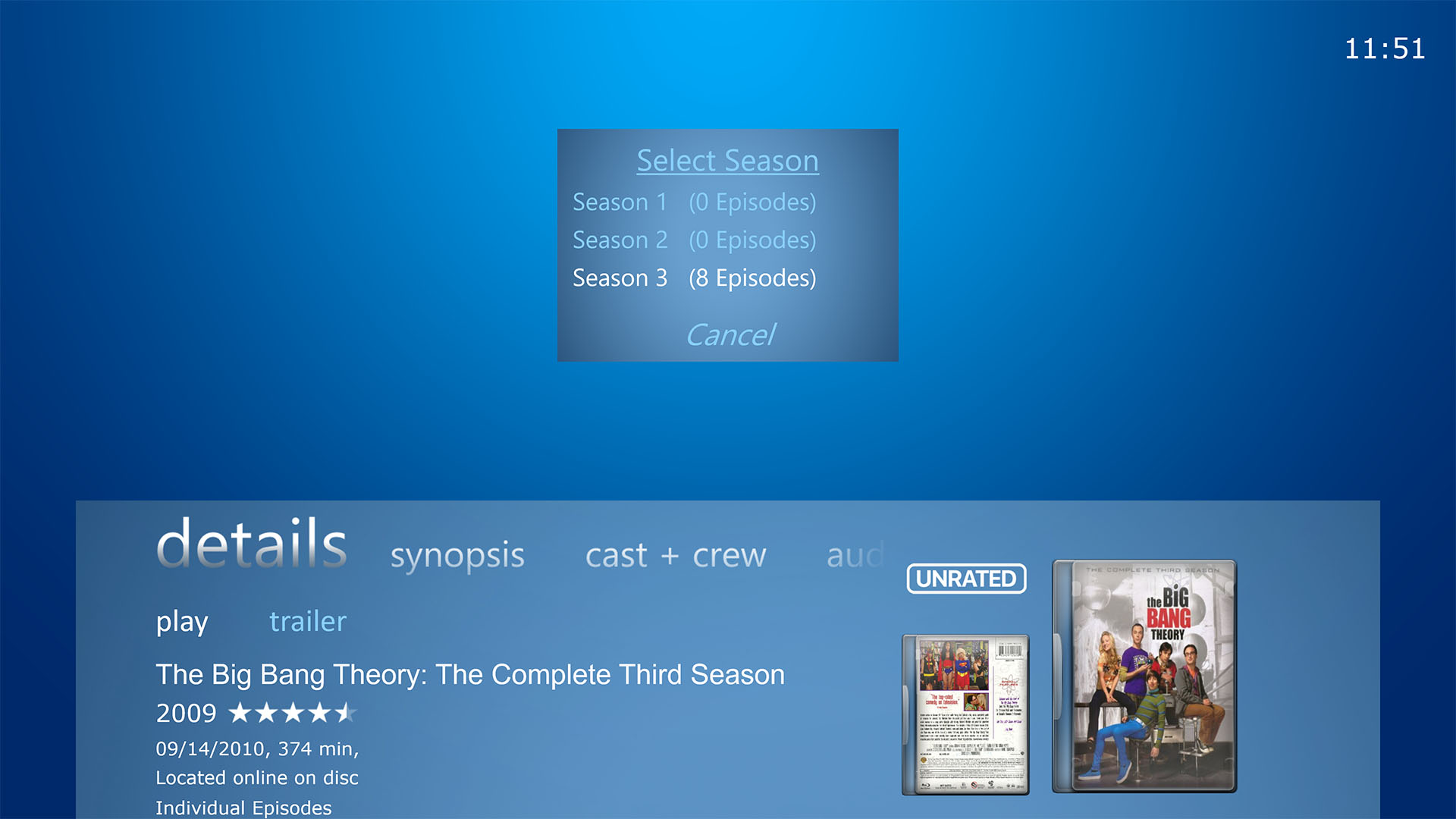Select Season prompt, which shows prior seasons which are currently not selectable