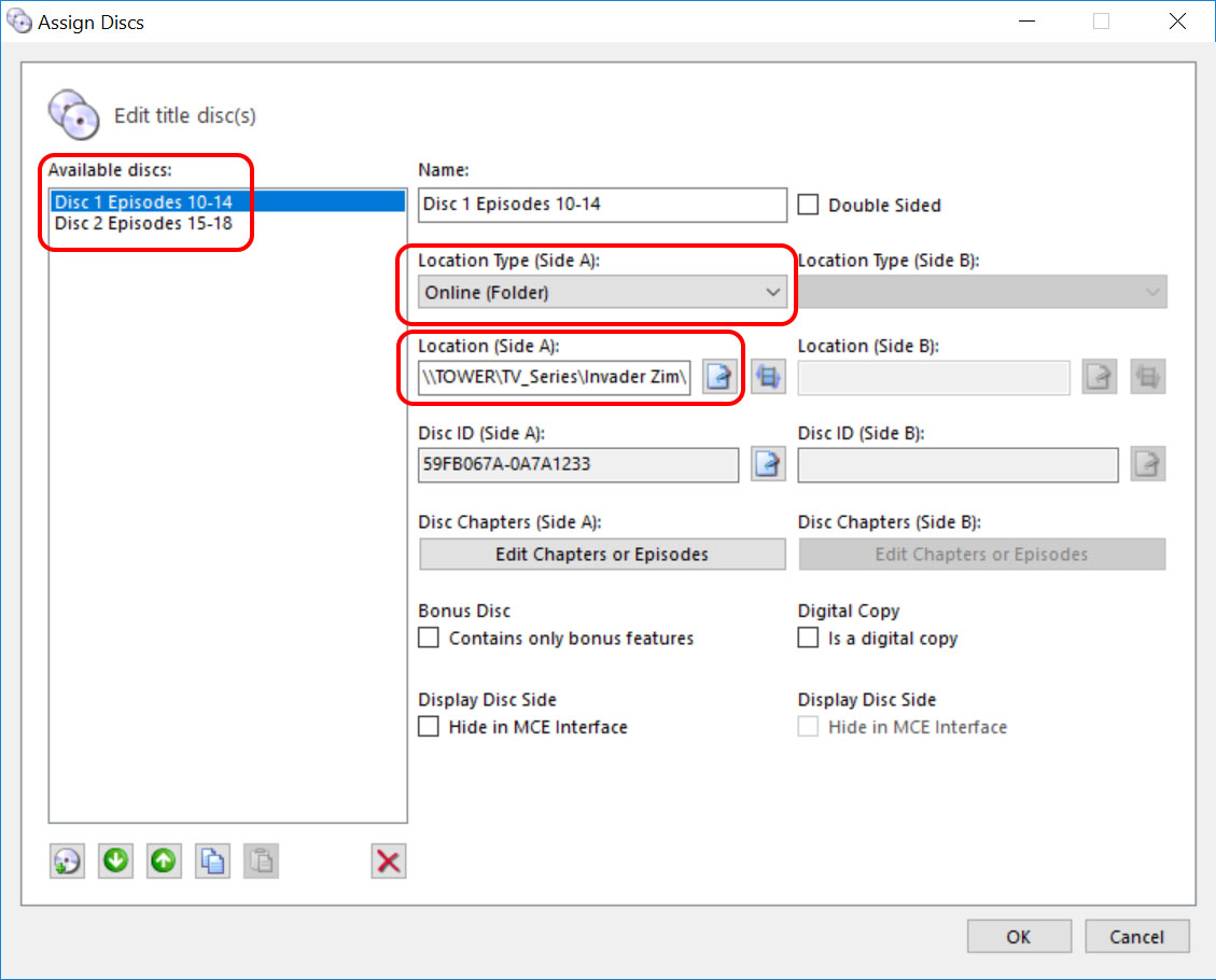 Using the Assign Discs panel to assign the Online Folder paths for all discs.