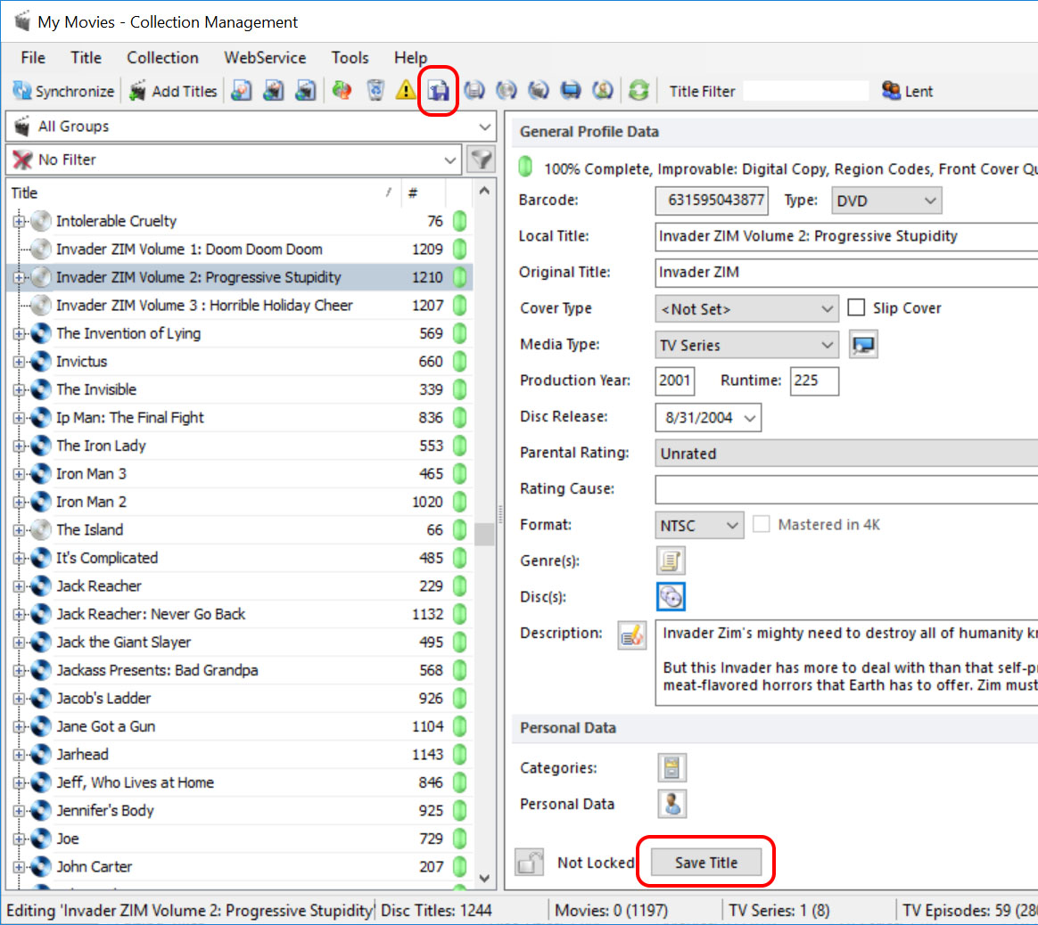 After assigning discs, be sure to Save the Title, and Save Meta-Data.