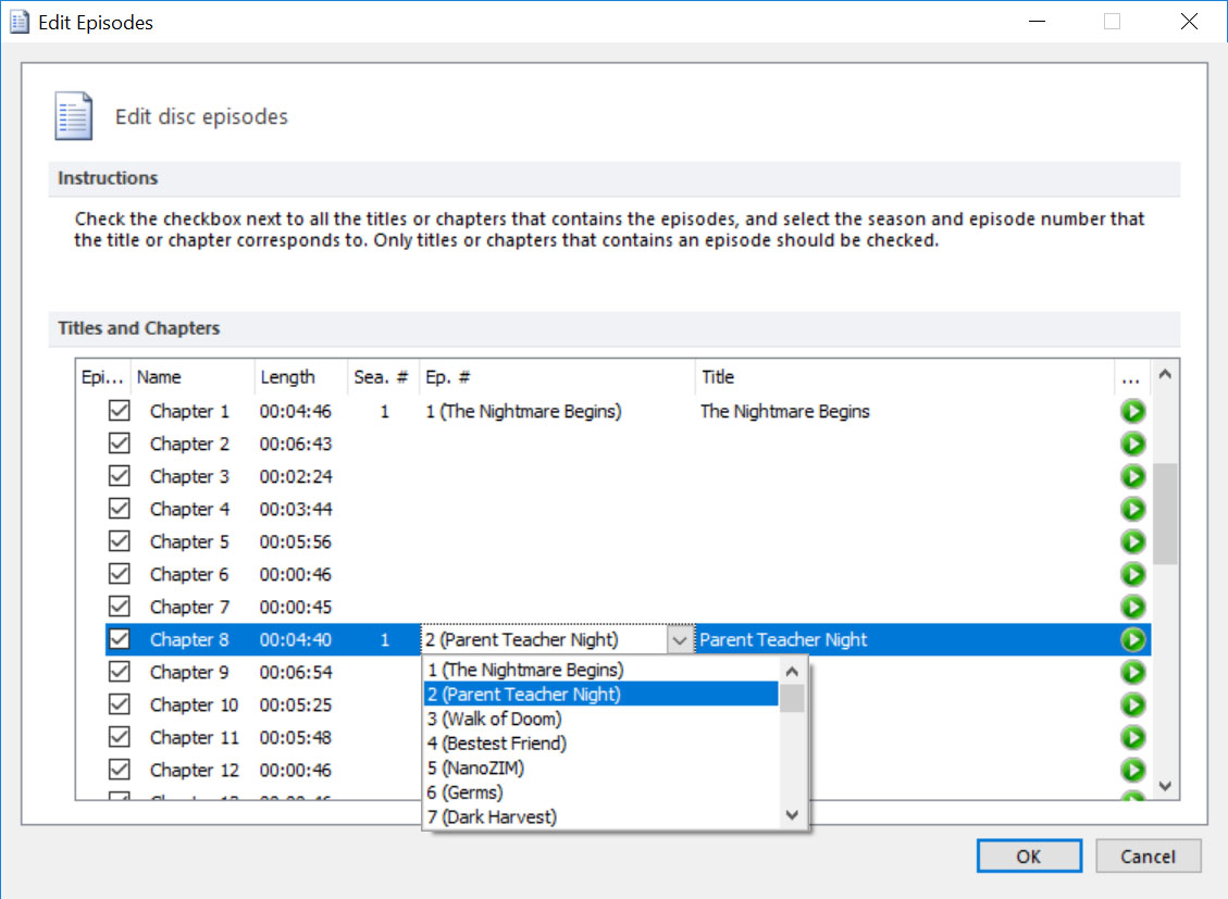 Assigning Seasons &amp; Episodes on the Edit Episodes panel.